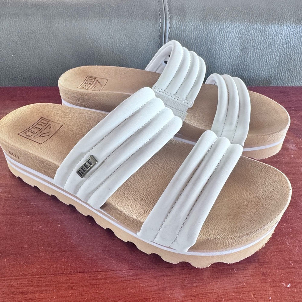 Reef platform White and Tan Sandals with Double-Strap Design